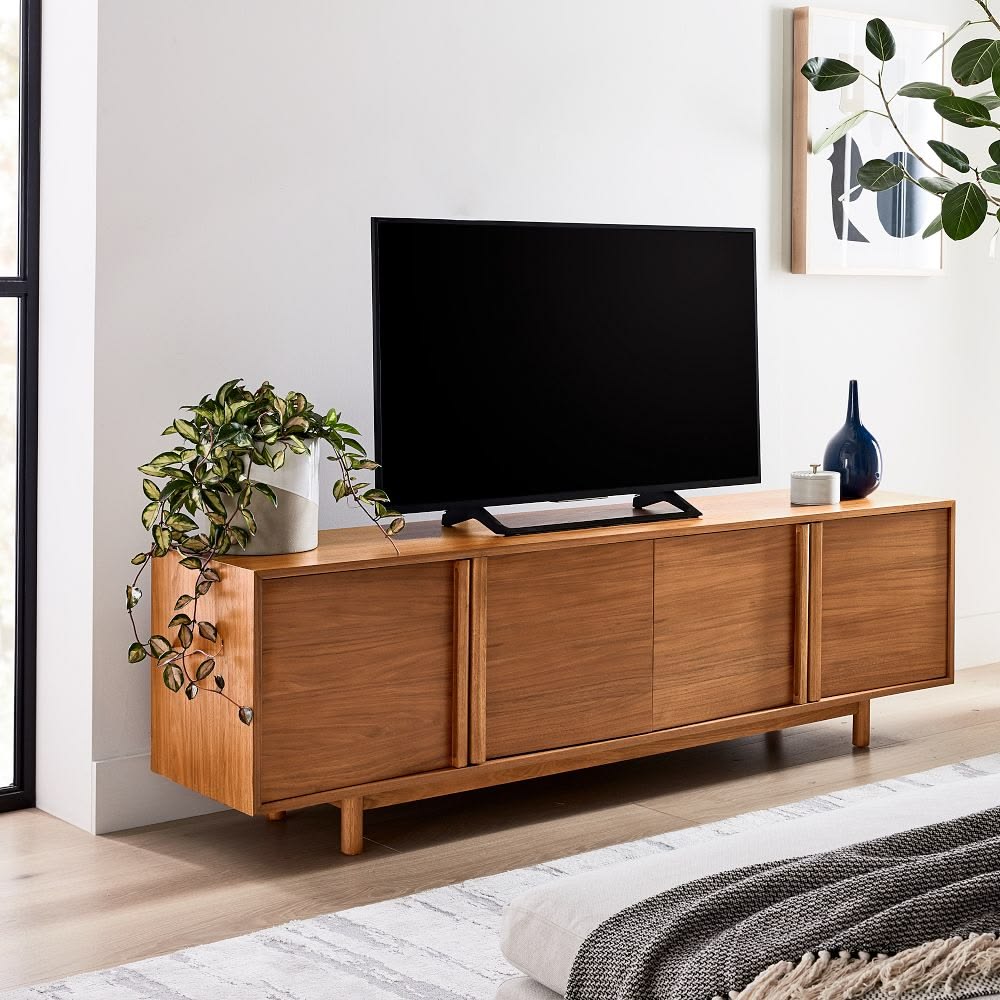 ชั้นวางทีวีสไตล์ Mid-Century Modern ตู้เตี้ยตั้งพื้น (Low Console)